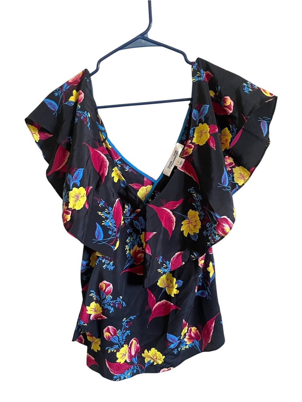 Diane Von Furstenberg Black Off-Shoulder Top with Yellow & Red Floral Print - Picture 6 of 6
